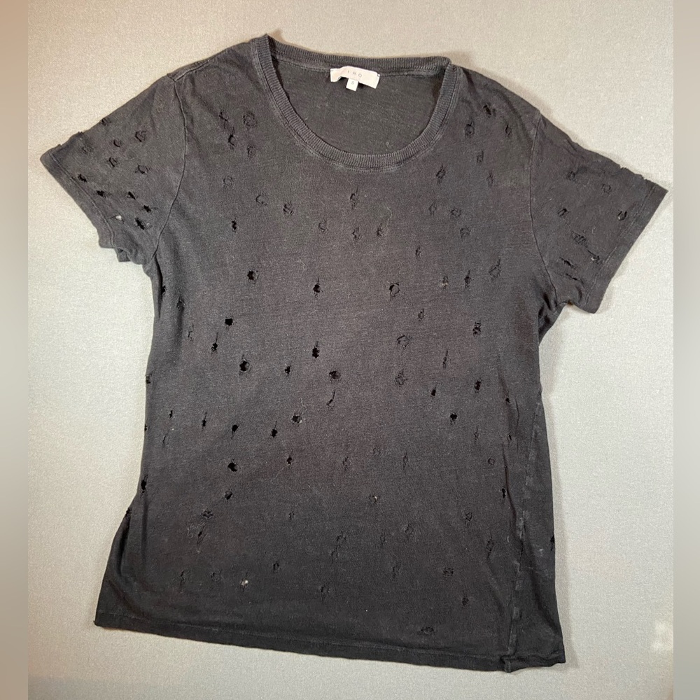 IRO Laser Cut Distress Linen Tee Shirt Gray black Size small